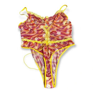 Womens Pink Yellow Groovy Sheer Teddy Lingerie Intimates Plus Sz 4XL Daisy 70s‎